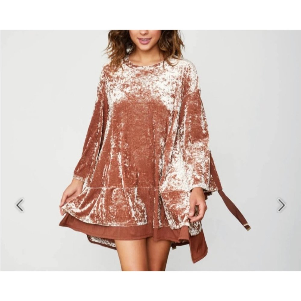 We Are HAH Phaht City Boho Oversized Mini Dress Rose Gold Velvet Sz M